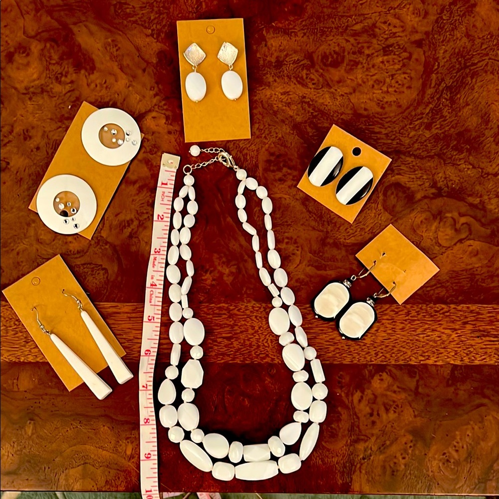 White Beaded Necklace & Pierced Earrings Vintage